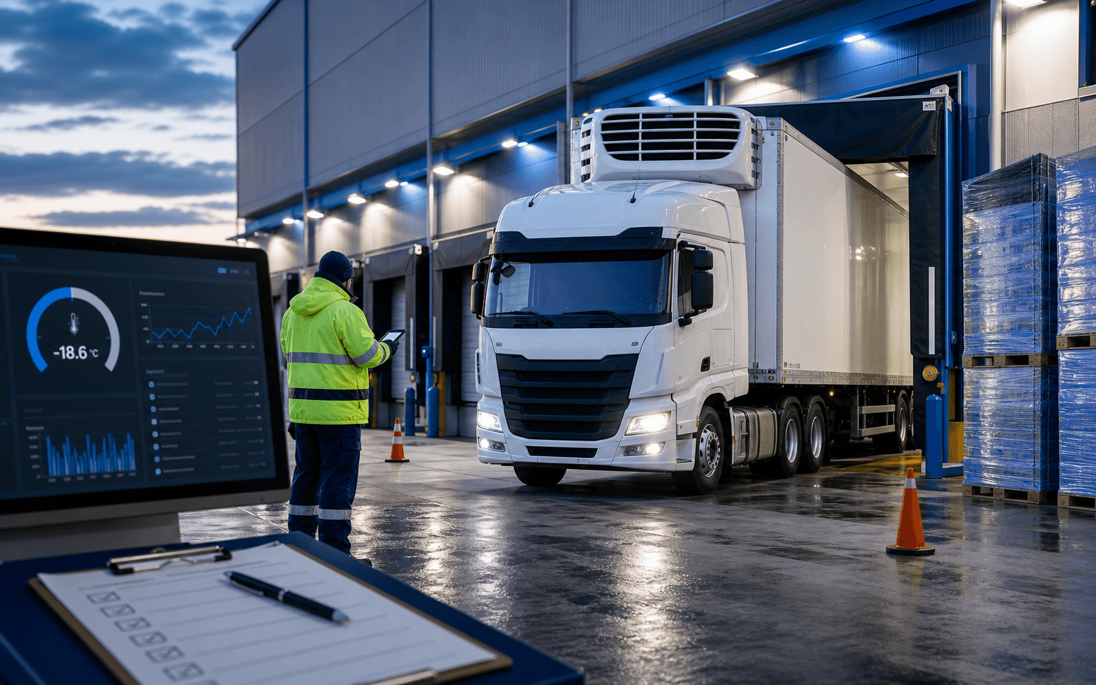 Refrigerated truck safety check and temperature monitoring at a chilled loading dock